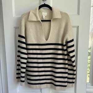 Striped V-Neck Sweater - Cream and Black